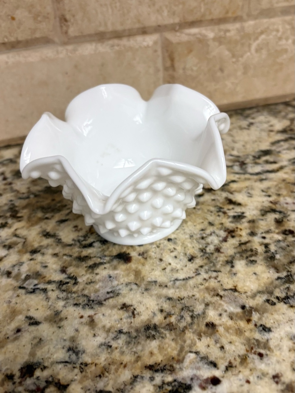 White Hobnail Milk Glass Ruffled Dish
